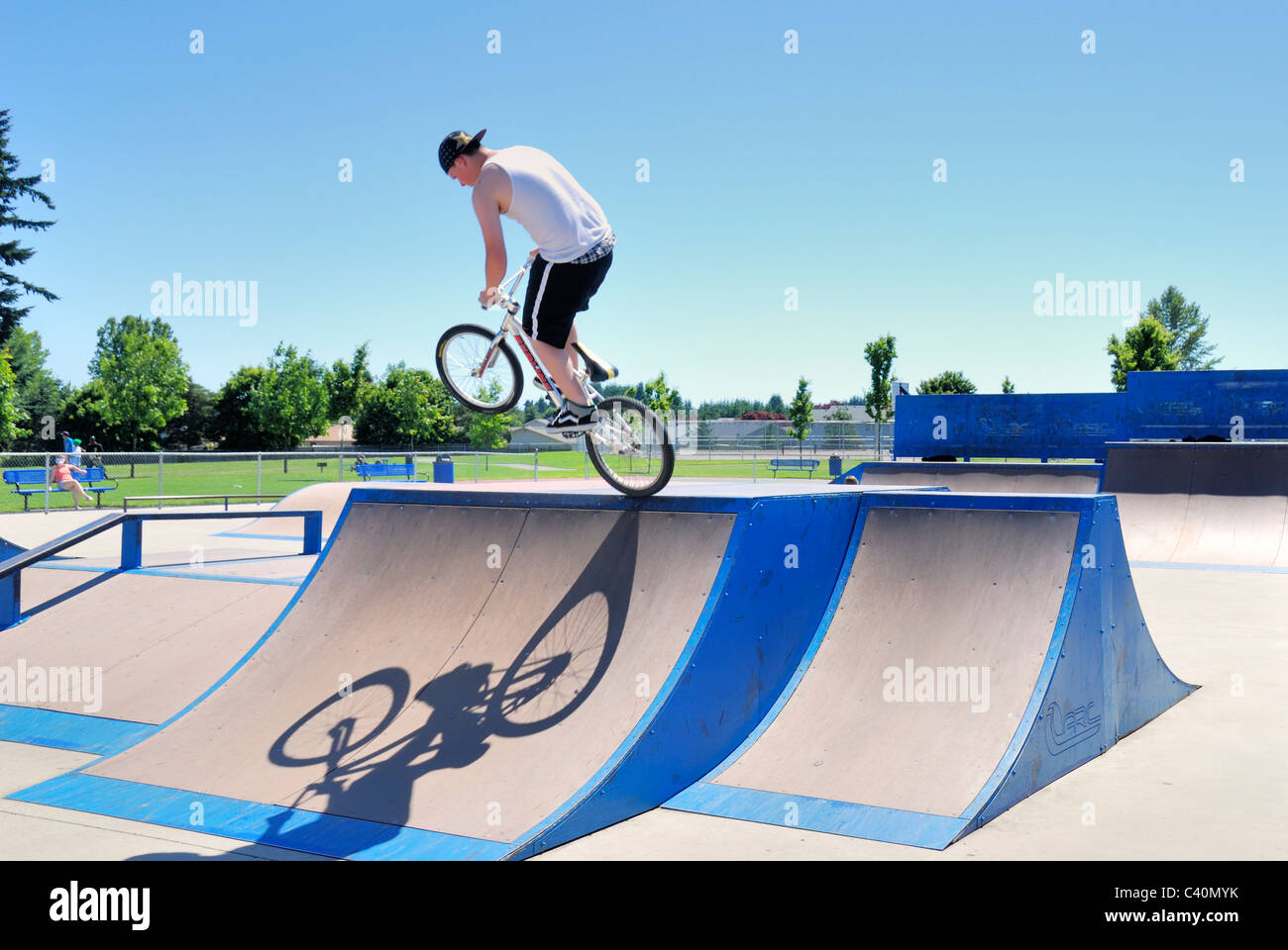 BMX bike rider at skateboard park Stock Photo Alamy