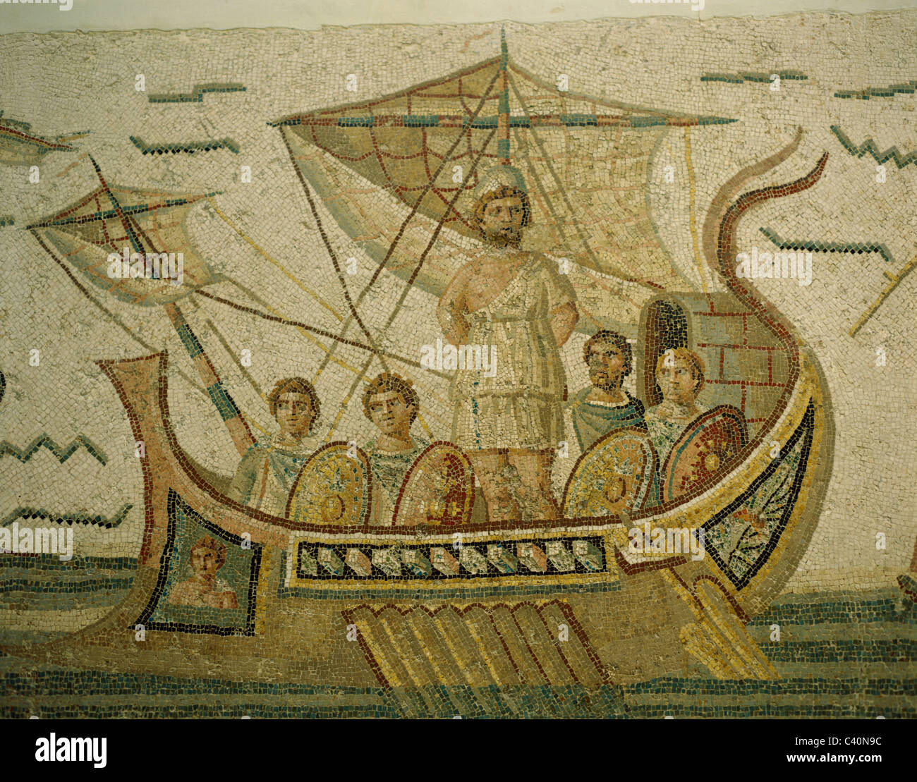 Art, Bardo, Bardo museum, Greek, Hero, Holiday, Landmark, Legend, Mosaic, Odysseus, Odyssey, Ship, Sirens, Tourism, Travel, Troj Stock Photo