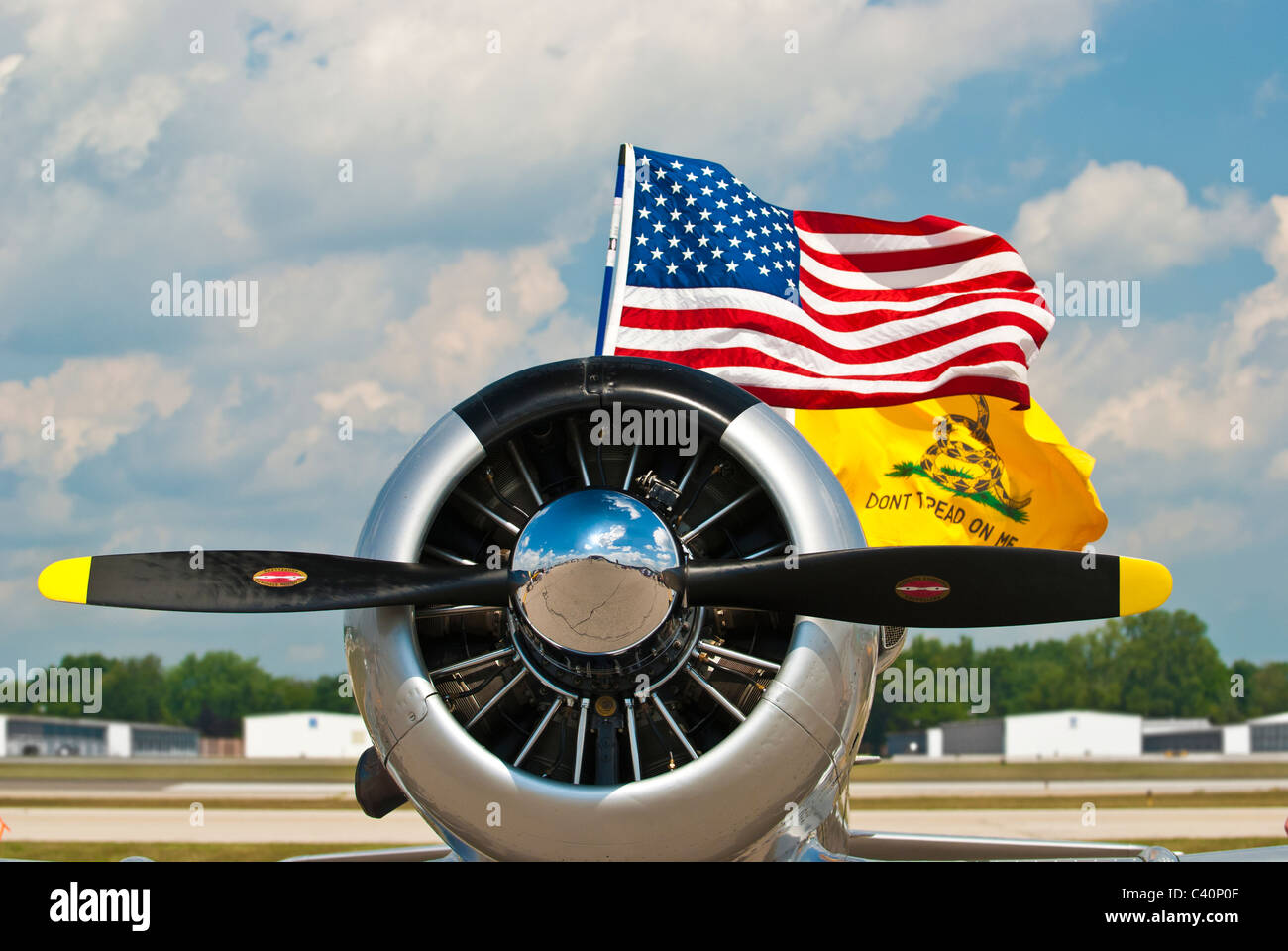 WWII fighter plane flying the American flag and the Gadsden flag that reads 'Don't Tread on Me' Stock Photo