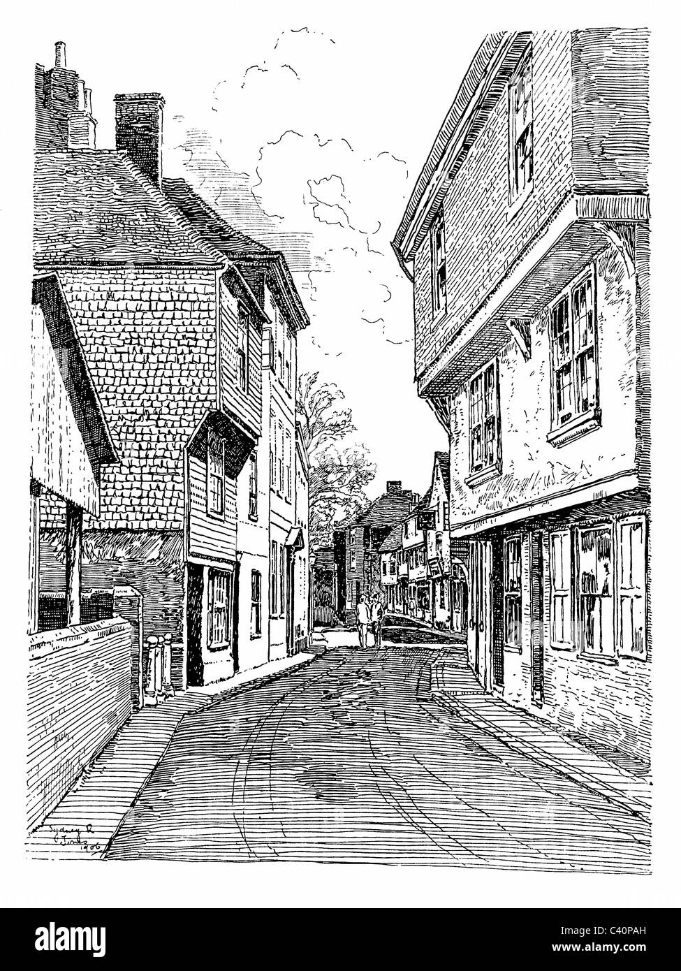 Sandwich, Kent - pen and ink illustration from 'Old English Country Cottages' by Charles Holme, 1906. Stock Photo