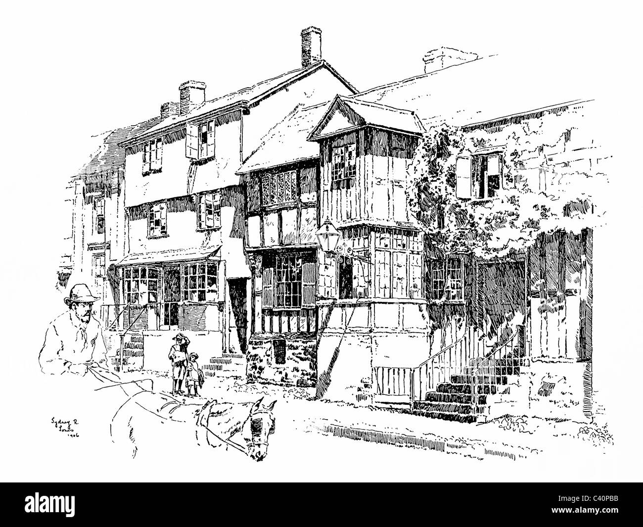 Ledbury, Herefordshire - pen and ink illustration from 'Old English Country Cottages' by Charles Holme, 1906. Stock Photo