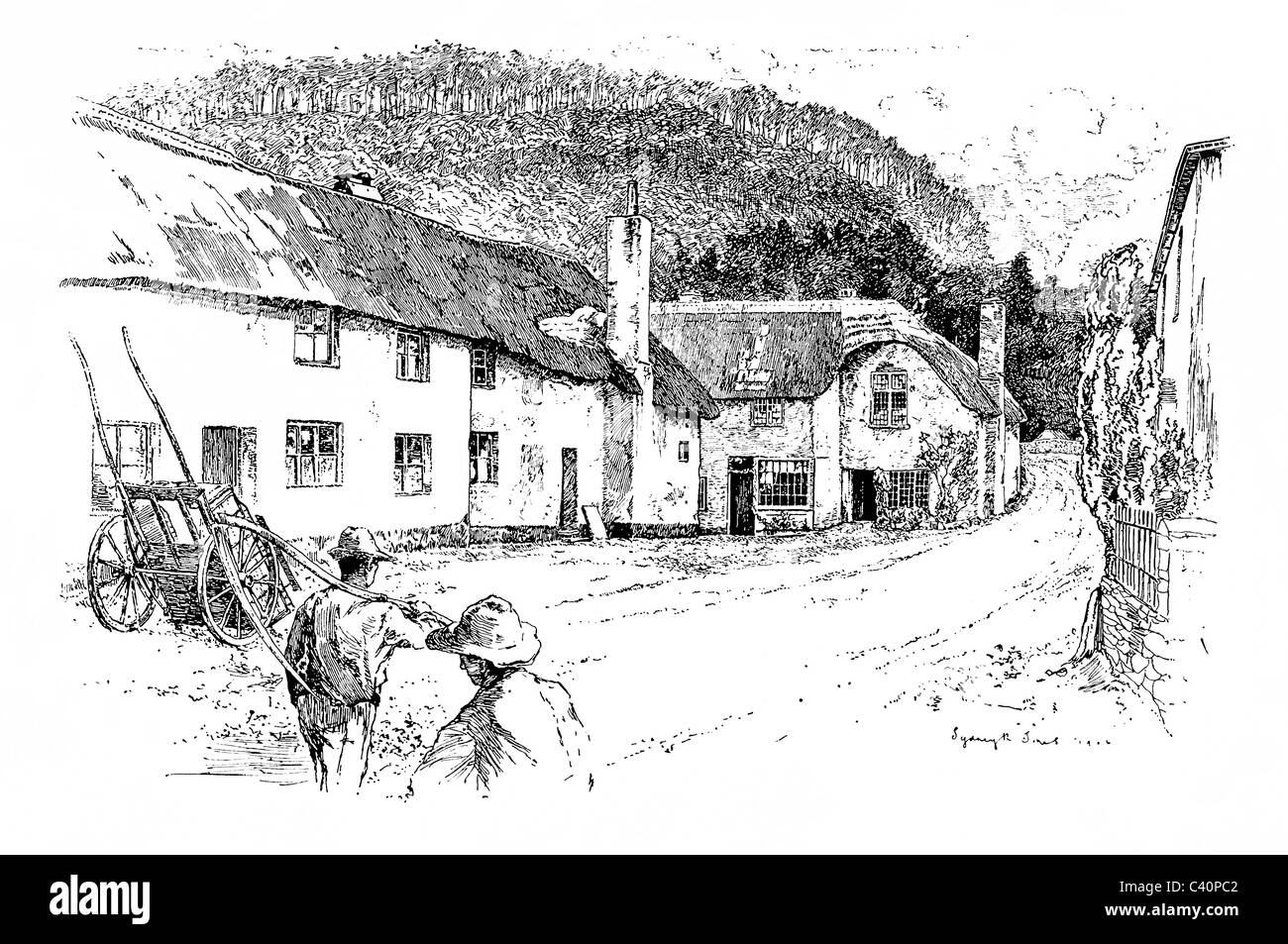 Dulverton, Somerset - pen and ink illustration from 'Old English Country Cottages' by Charles Holme, 1906. Stock Photo