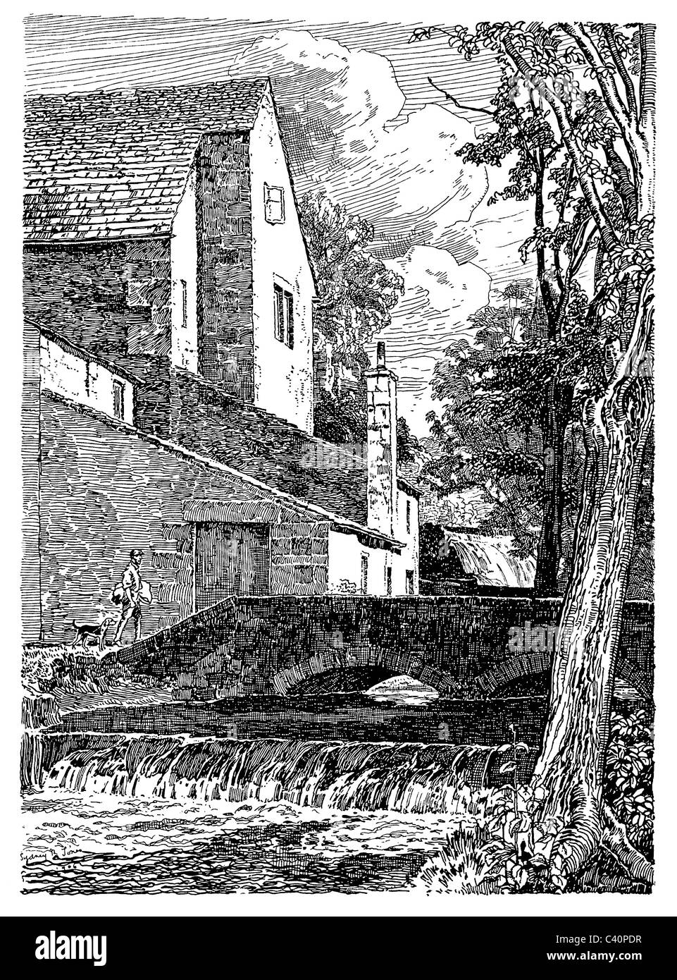 Alport, Derbyshire - pen and ink illustration from 'Old English Country Cottages' by Charles Holme, 1906. Stock Photo