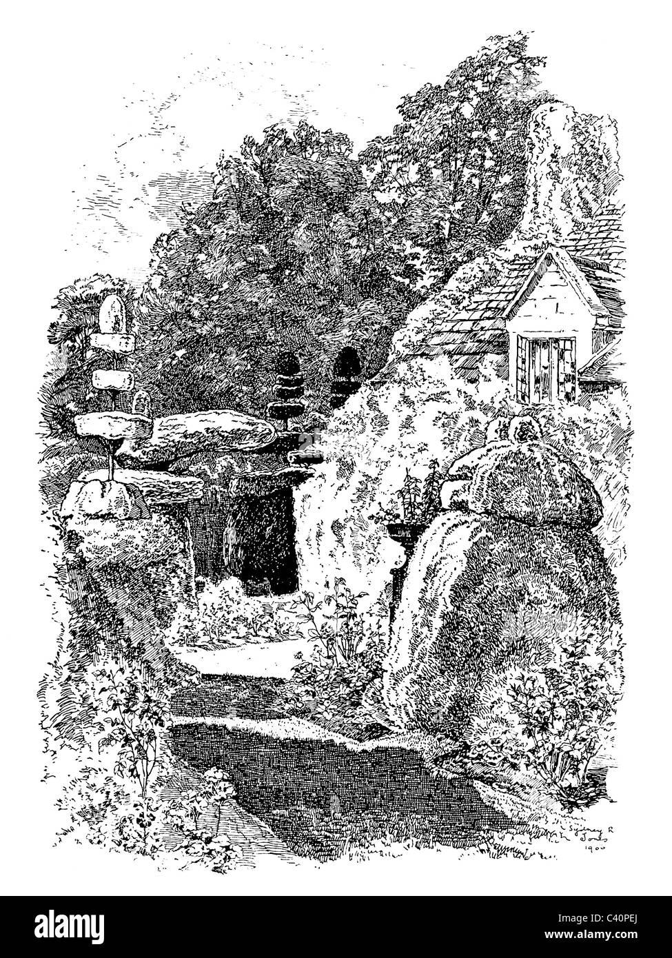 Haddon, Derbyshire - pen and ink illustration from 'Old English Country Cottages' by Charles Holme, 1906 Stock Photo