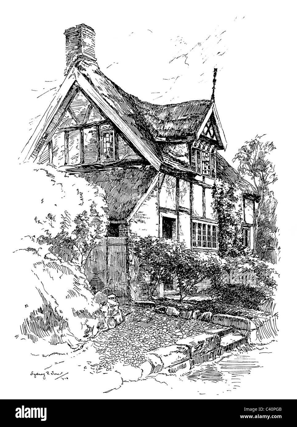 Alderley Edge, Cheshire - pen and ink illustration from 'Old English Country Cottages' by Charles Holme, 1906. Stock Photo