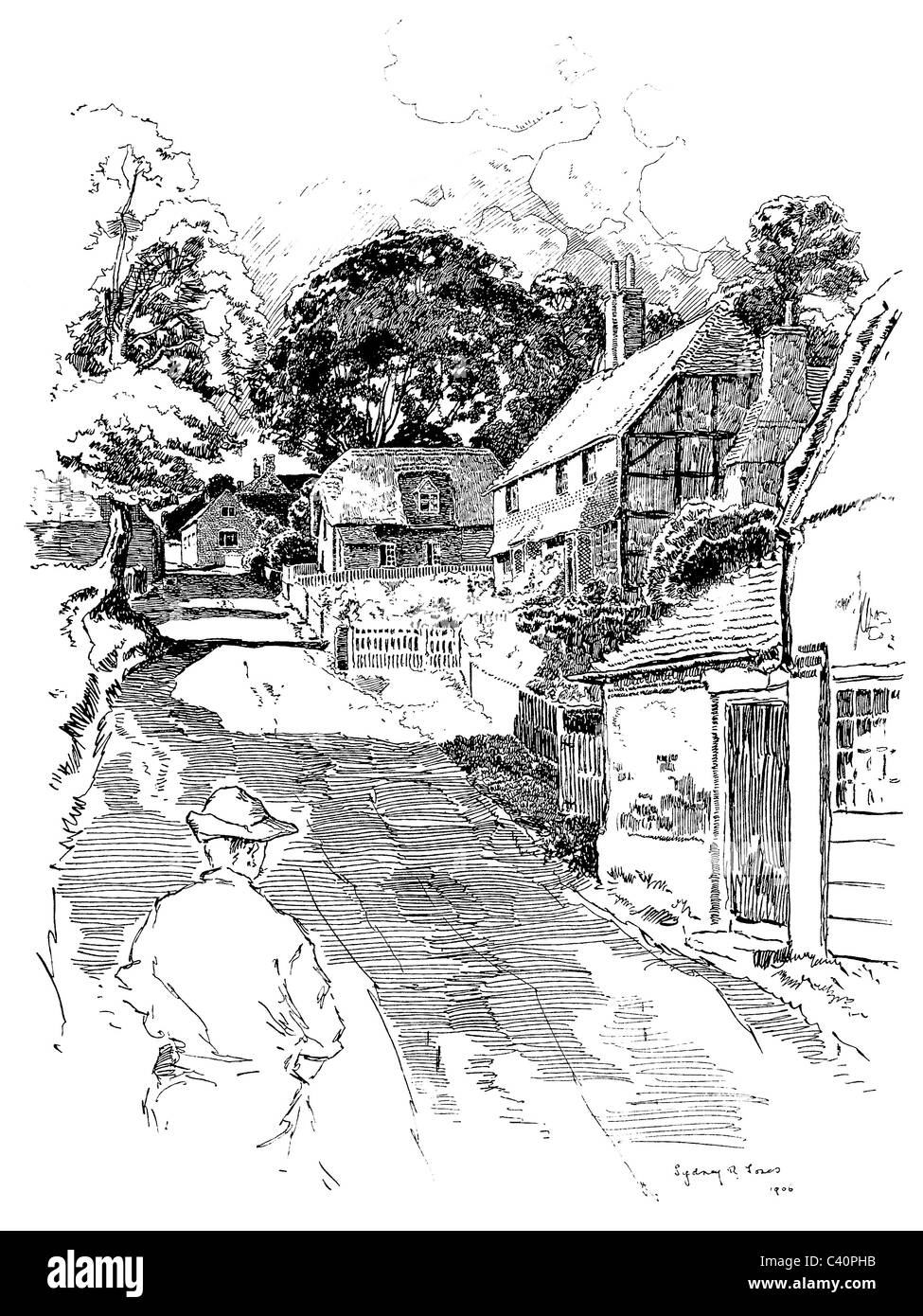 Upton Grey, Hampshire - pen and ink illustration from 'Old English Country Cottages' by Charles Holme, 1906. Stock Photo