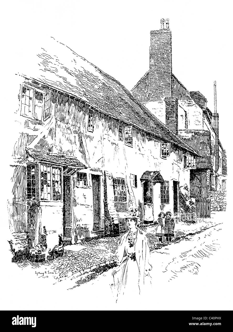 Petworth, Sussex - pen and ink illustration from 'Old English Country Cottages' by Charles Holme, 1906. Stock Photo