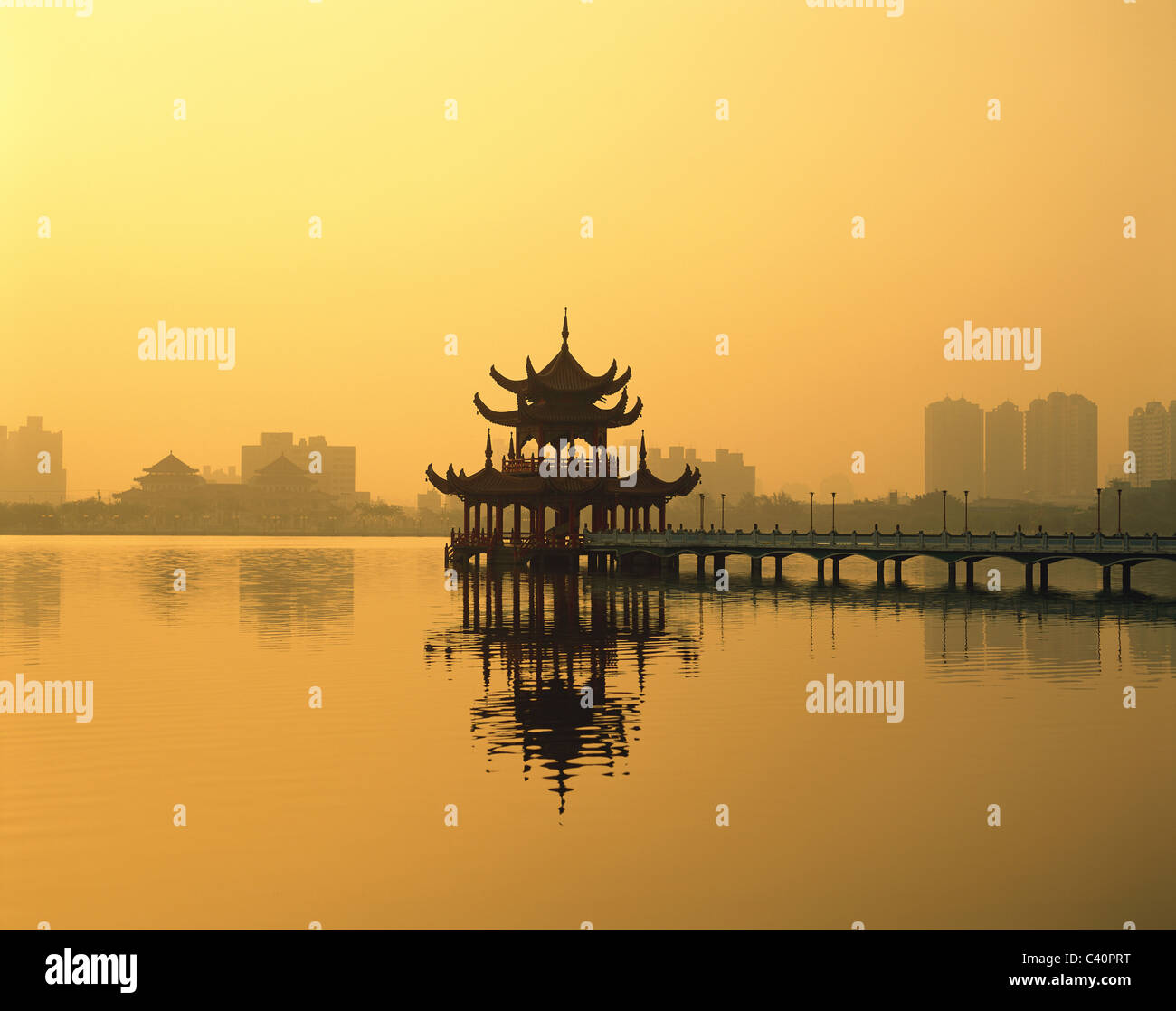Asia, Holiday, Kaoshiung, Lake, Landmark, Lotus, Pagoda, Silhouette, Taiwan, Tourism, Travel, Vacation, Stock Photo