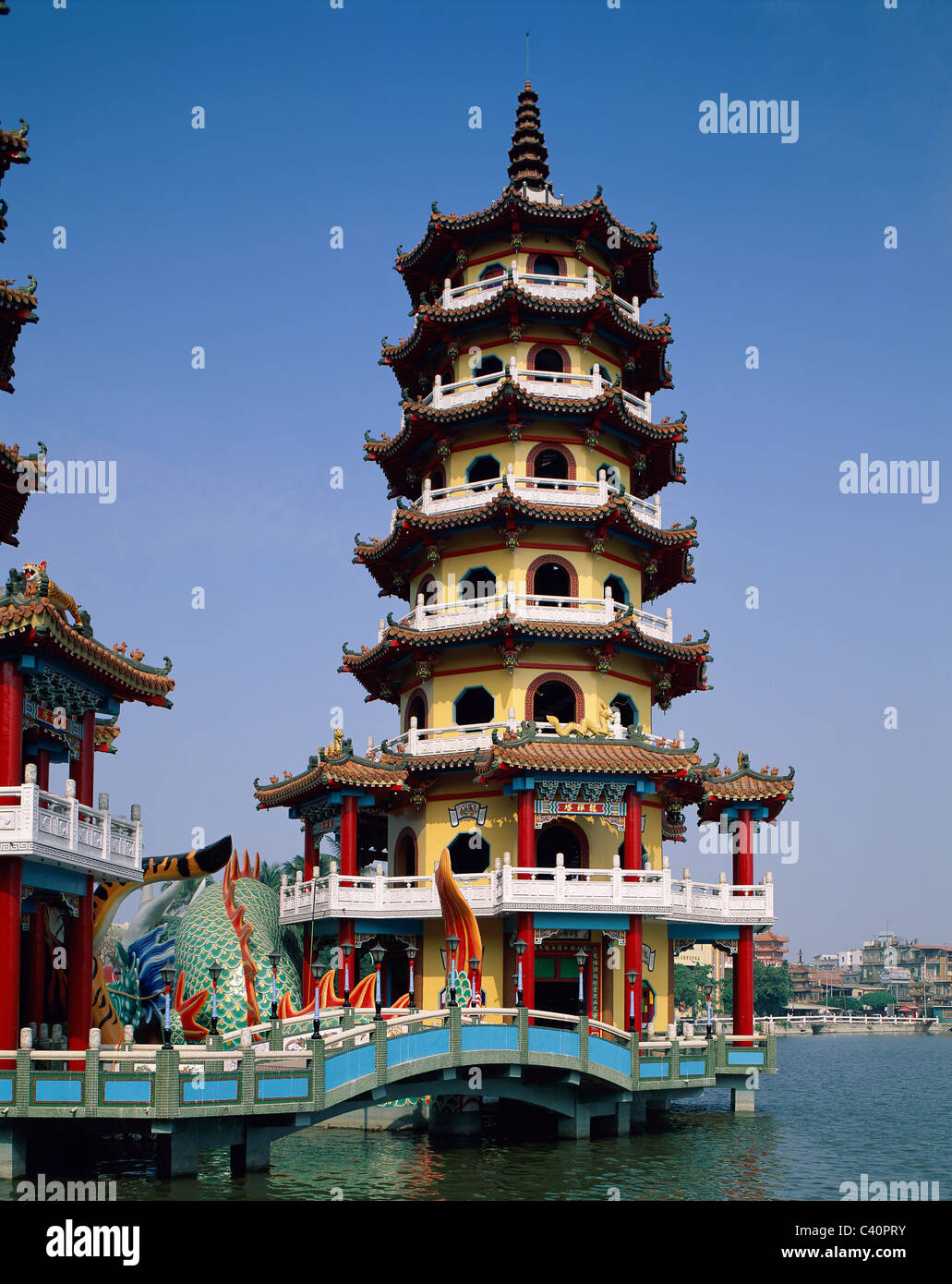 And, Architecture, Asia, Dragon, Holiday, Kaoshiung, Lake, Landmark, Lotus, Pagoda, Taiwan, Temple, Tiger, Tourism, Travel, Vaca Stock Photo