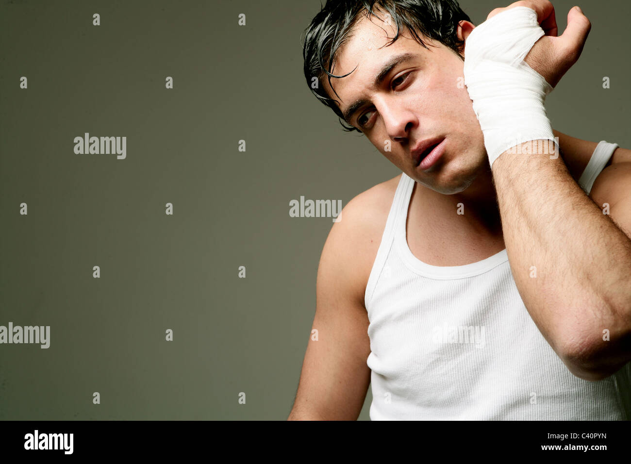 boxer, male, tank top, thoughtful, resting, portrait, pugilist, man, close up, adult, 20-29, 30s, 30-35 years, mid-adult, people Stock Photo