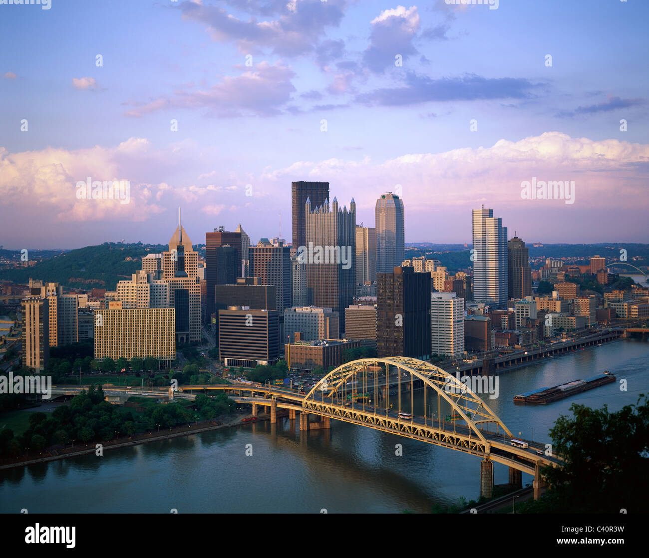 America, Bridge, Buildings, City, Crowded, Holiday, Landmark, Pennsylvania, Pittsburgh, River, Skyline, Skyscrapers, Sunset, Tou Stock Photo