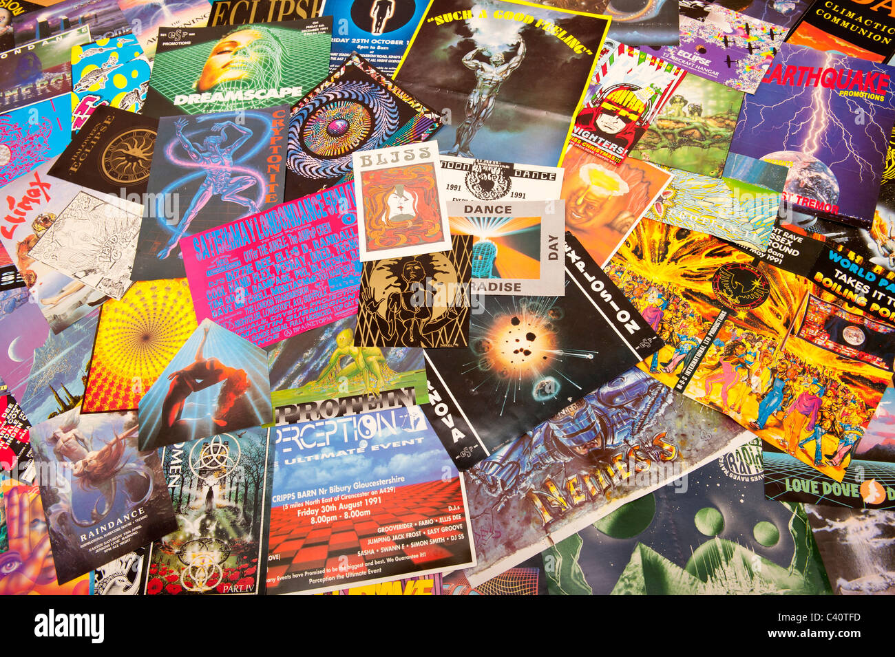 A selection of flyers from Raves mainly in 1991 from the rave scene in the Uk Stock Photo