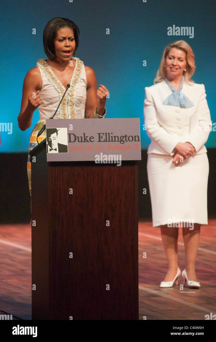 First Lady Michelle Obama and First Lady of Russia Svetlana Medvedeva visit the Duke Ellington School. Stock Photo