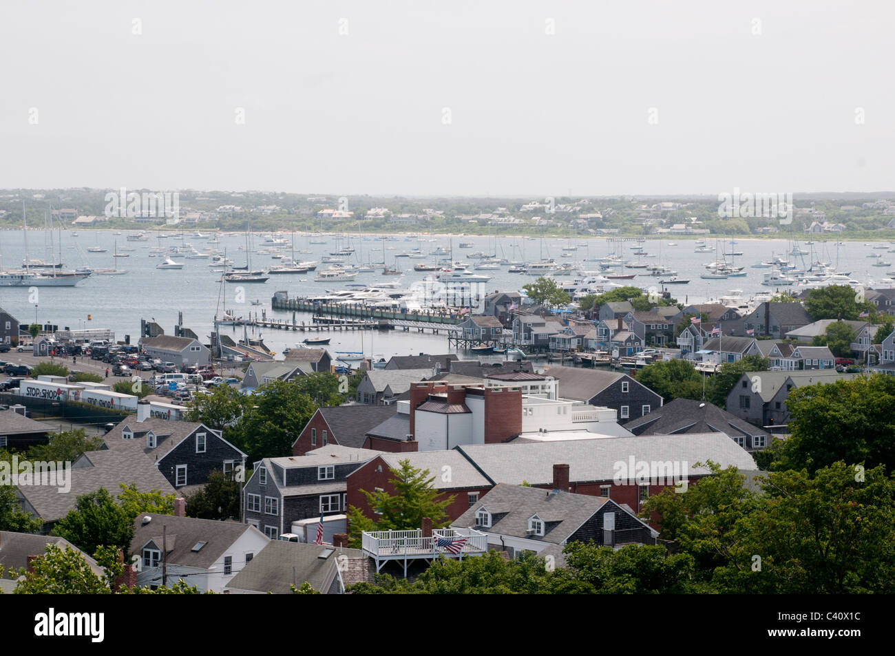 A view of Nantucket Town and harbor from the First Congressional Church. Stock Photo