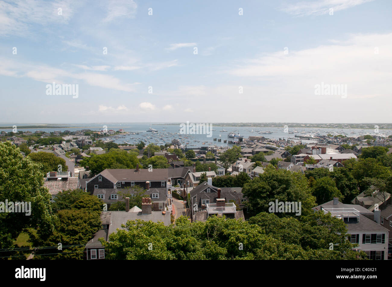 A view of Nantucket Town and harbor from the First Congressional Church. Stock Photo