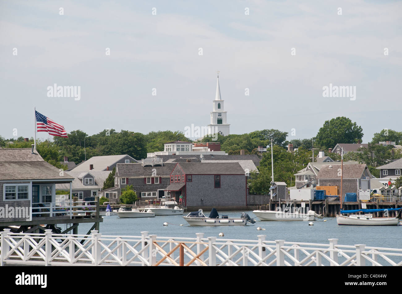 Boats docked in Nantucket Town harbor. Stock Photo