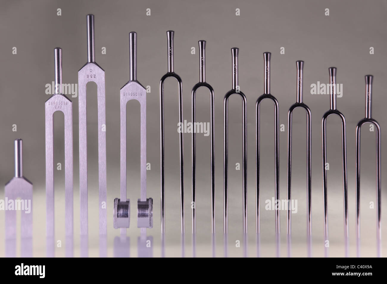 vertically arranged, a set of steel and aluminum tuning forks placed