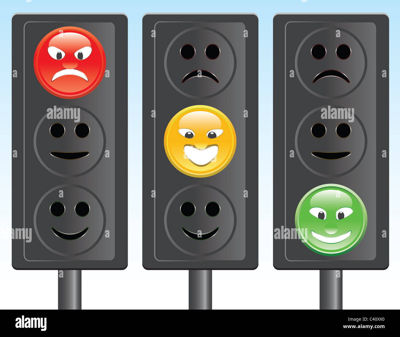 set of traffic lights with smiley Stock Photo