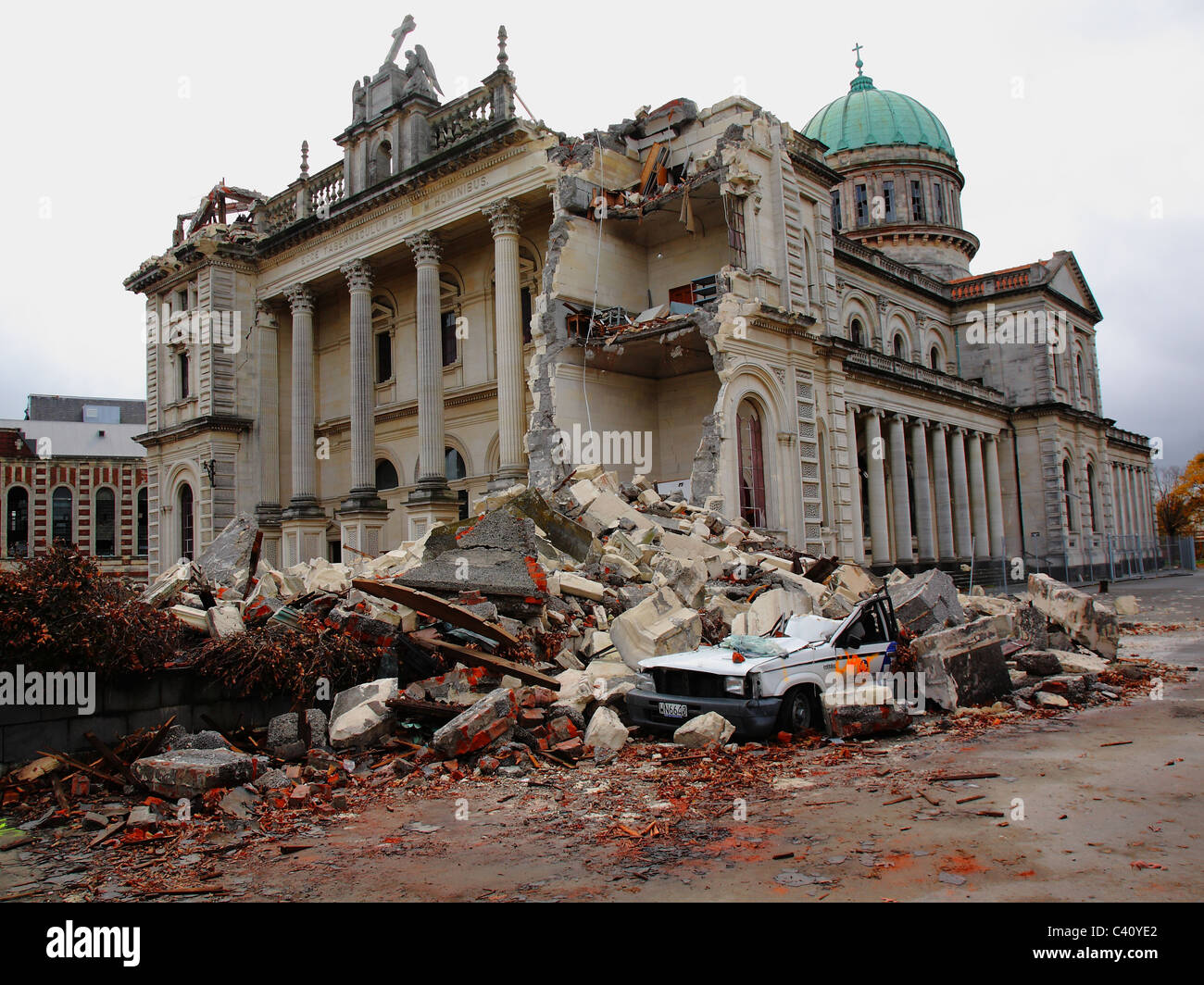 Earthquake damage to Catholic Cathedral Feb 22nd Feb, Christchurch, NZ Stock Photo