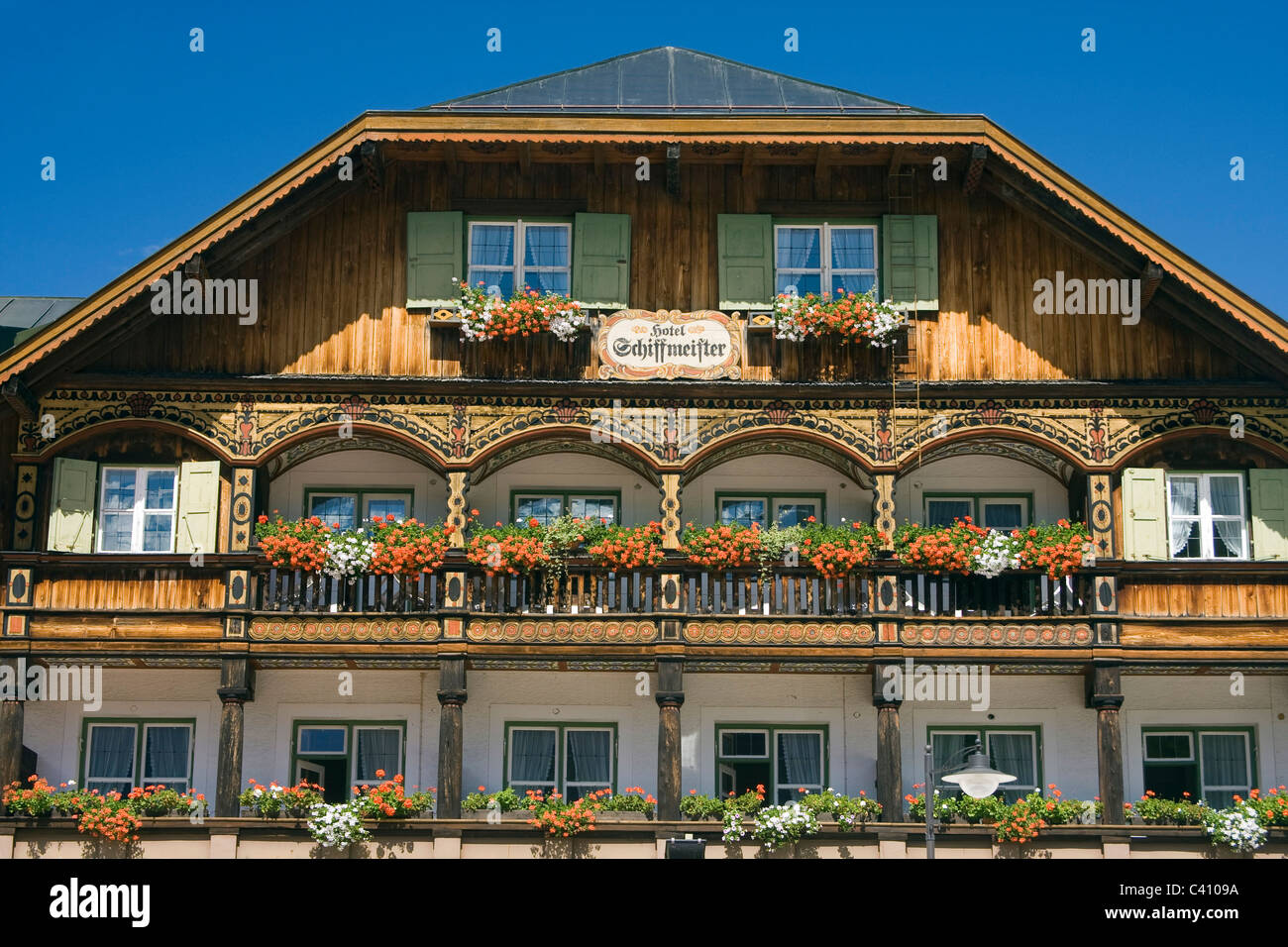 Hotel, Schiffermeister, typical, bavarian, Upper Bavaria, Bavaria, Flowers, Chalet, Germany, Europe, Stock Photo