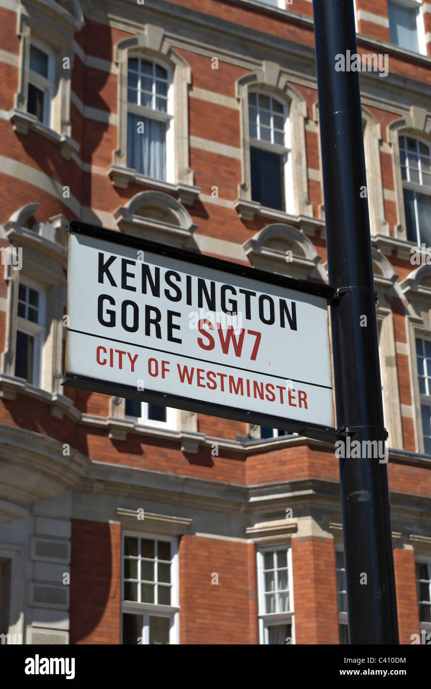 street name sign for kensington gore, london, england, with albert