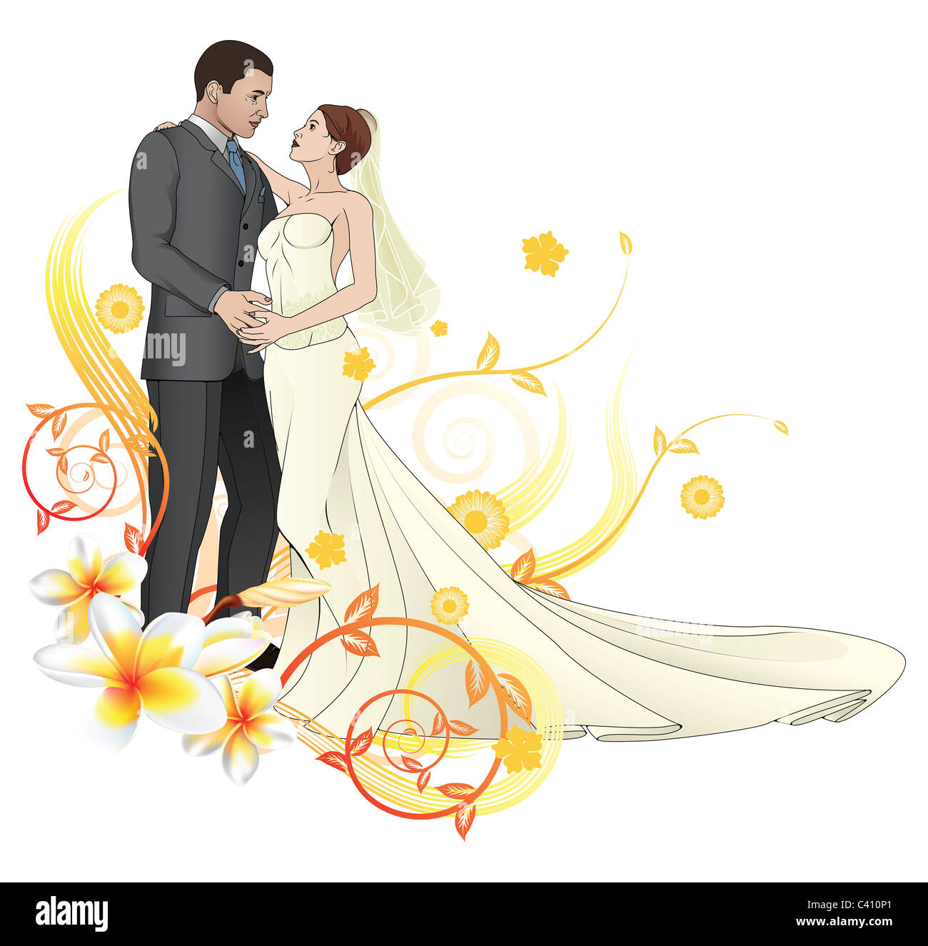 Bride and groom looking into each others eyes dancing abstract floral background Stock Photo