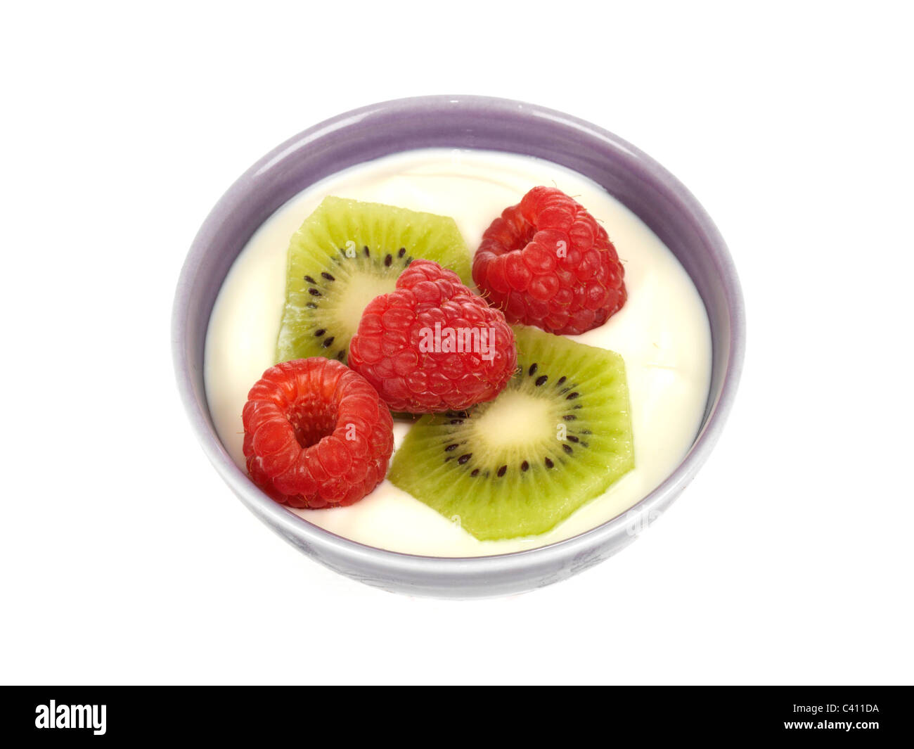 Yogurt with Kiwi Fruit and Raspberries Stock Photo