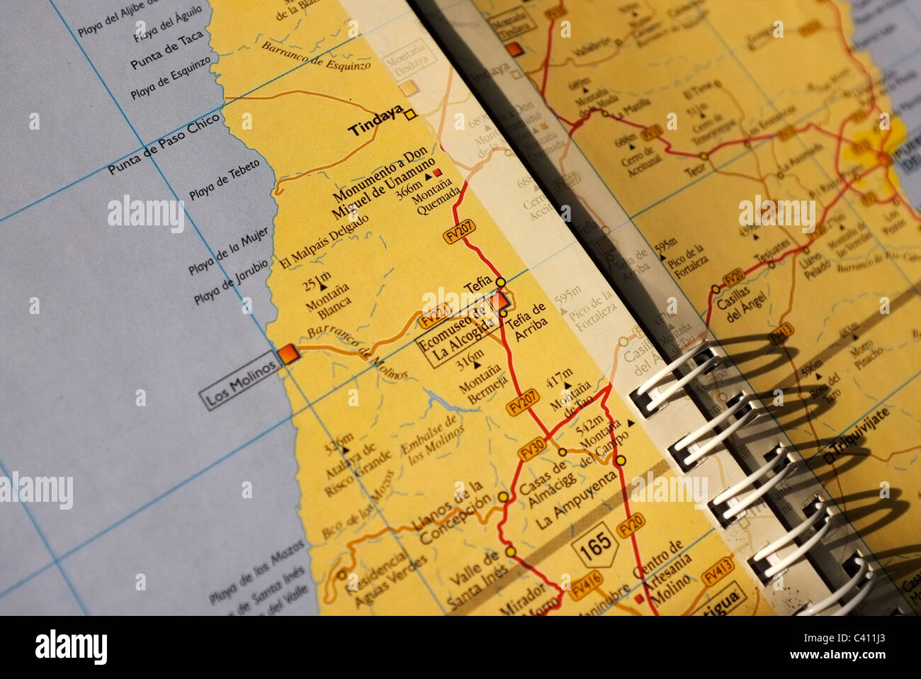 close up of a road map of Fuerteventura, Canary Islands Stock Photo