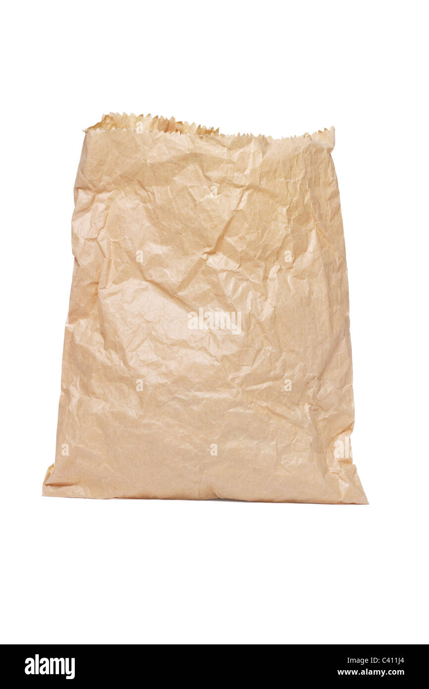 Crumpled paper bag standing on white background Stock Photo