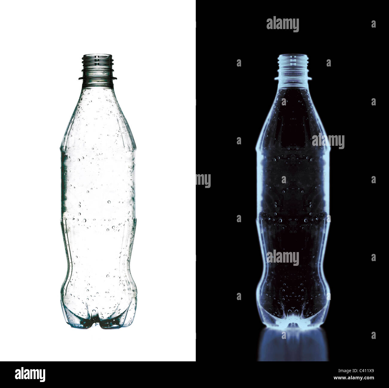 X ray of plastic water bottle. This image shows the positive and negative or xray version of a