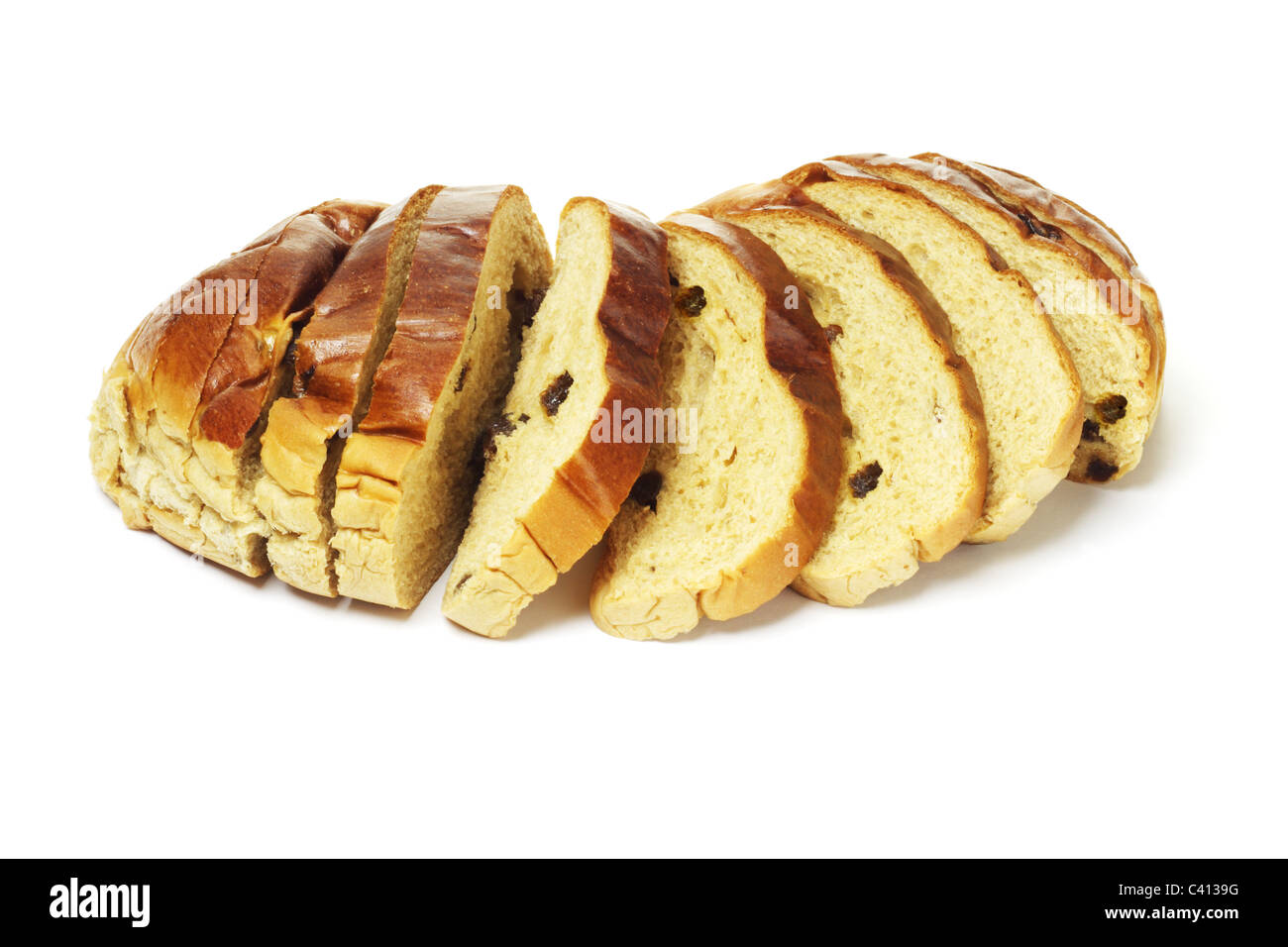 Sliced fresh raisin bread arranged white background Stock Photo