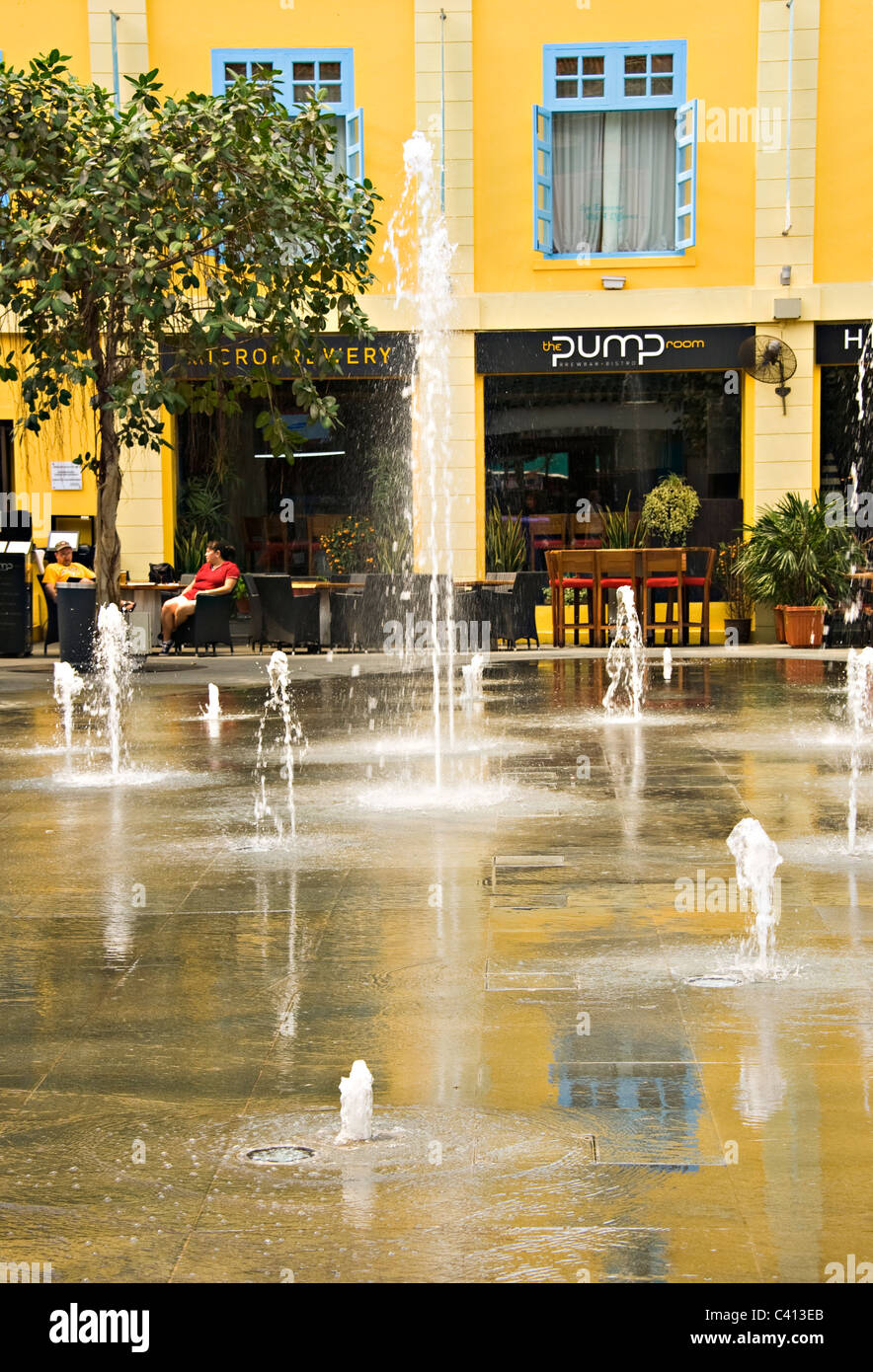 Small Water Jet Fountains in Square at Clarke Quay Shopping Area in