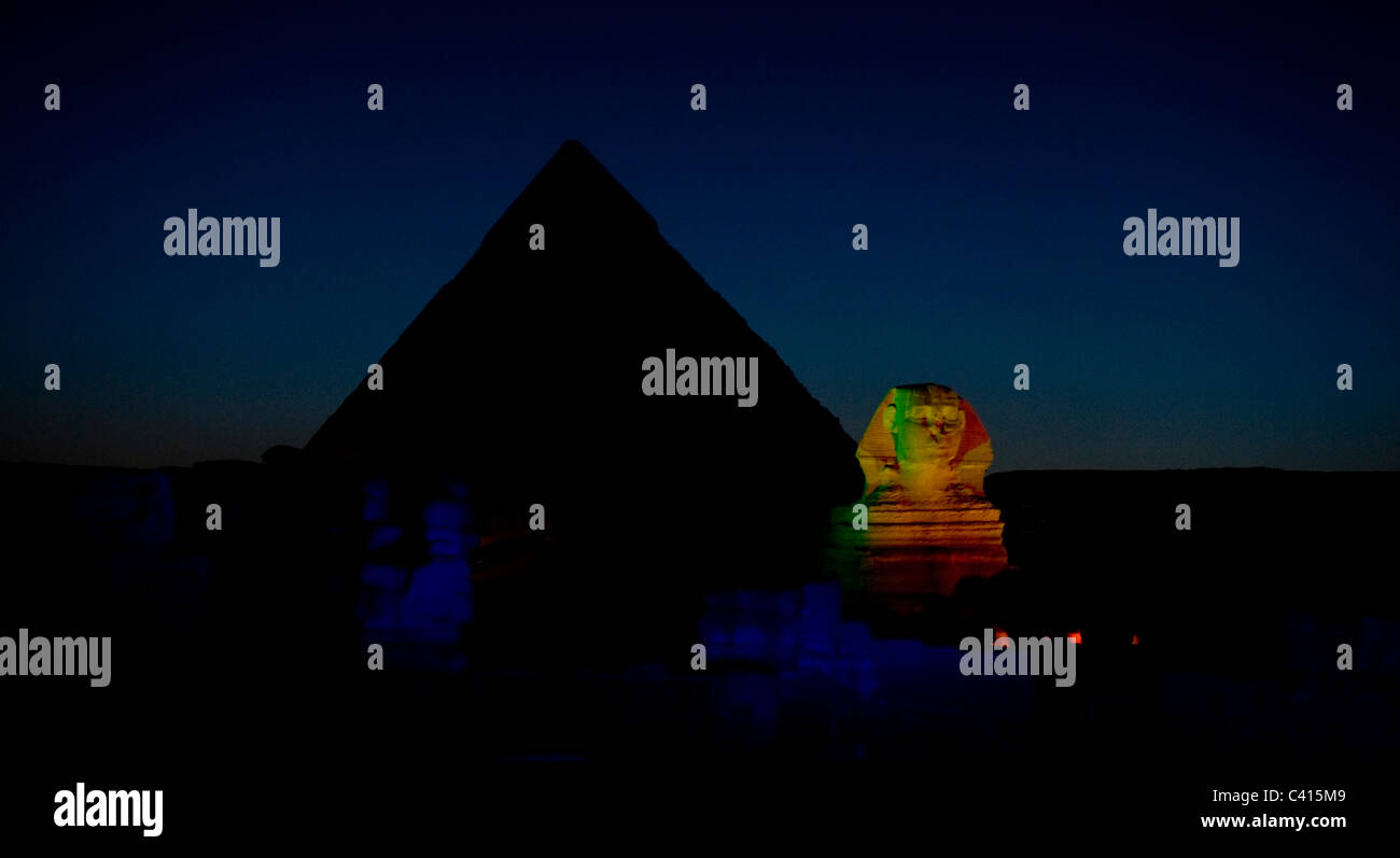 Great Pyramids of Giza, Sound and Light show at dusk Stock Photo - Alamy