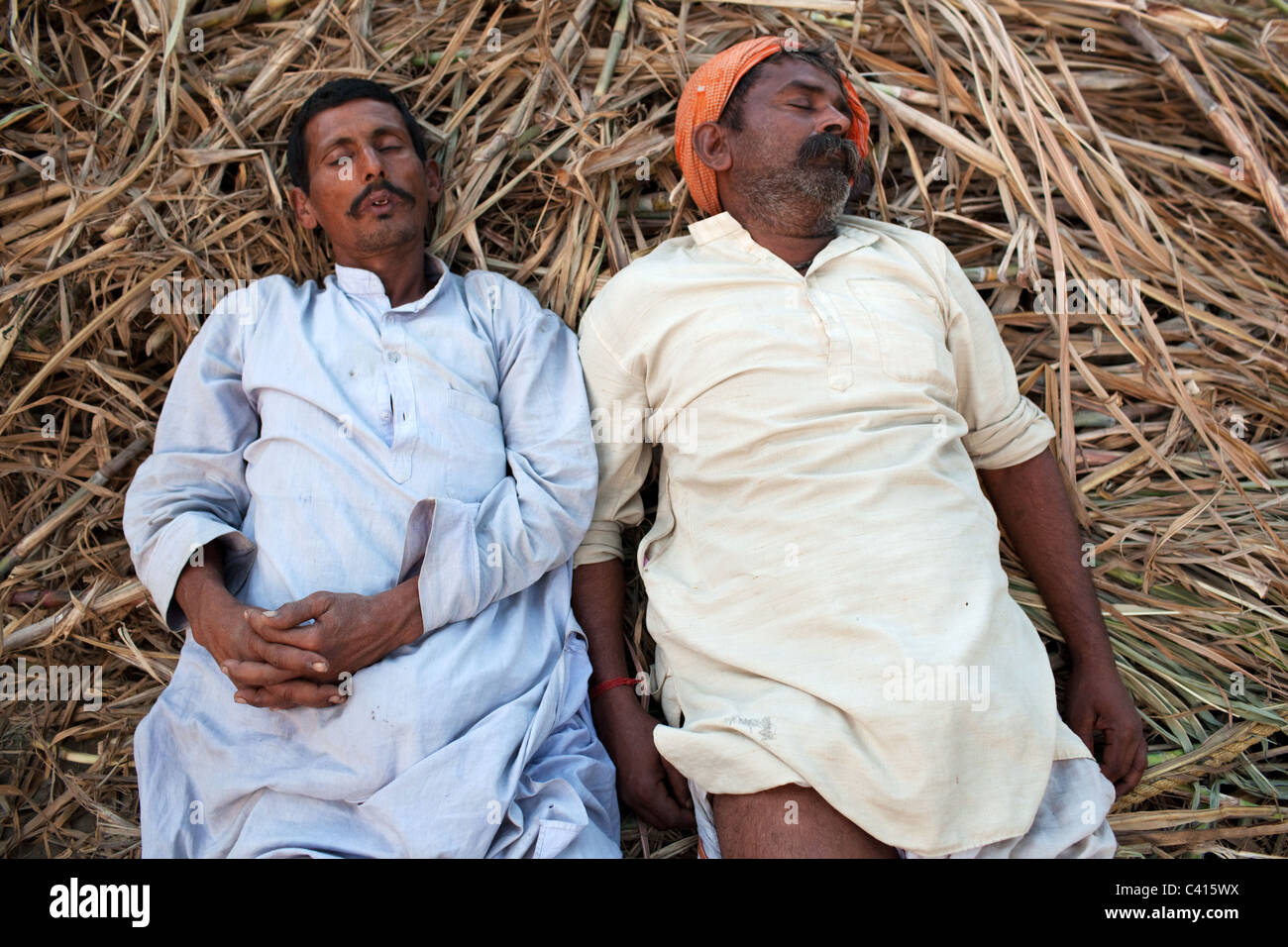 Two men sleep on a hay stack at Sonepur Mela in Sonepur near Patna and Hajipur in Bihar state, India. Stock Photo