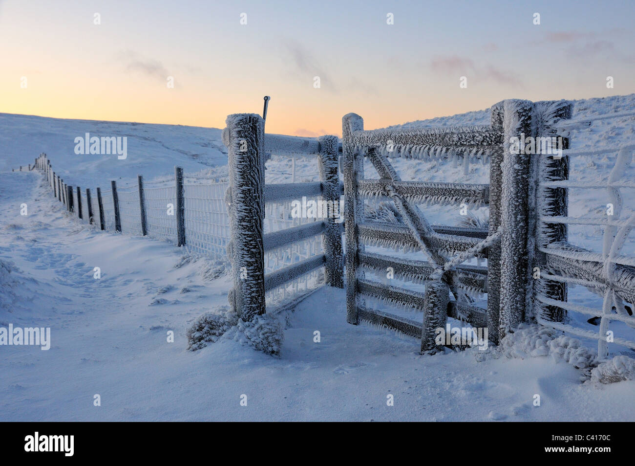 A hoar frosted gate in the Brecon Beacons of Wales in winter Stock Photo