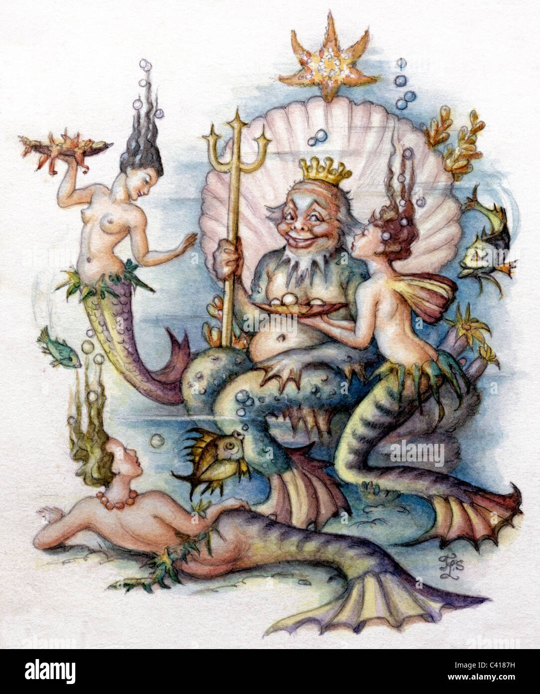 literature, fairy tales, merman with nixes, coloured drawing, historic, historical, the Nix, mermen, kiss, legendary figure, underwater, throne, thrones, Poseidon, king, kings, Additional-Rights-Clearences-Not Available Stock Photo