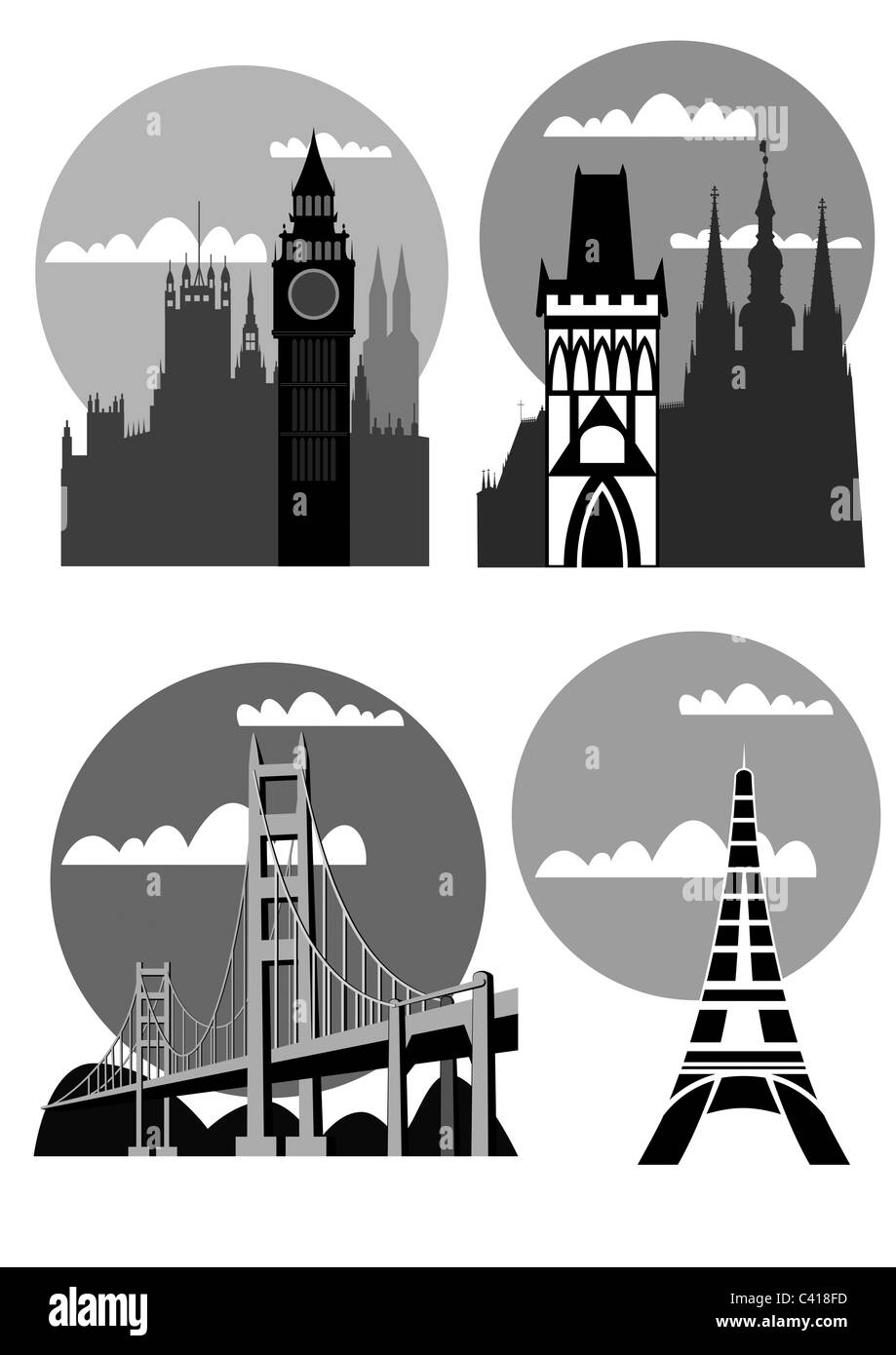 illustrations of the famous cities - London, Paris, San Francisco, Prague Stock Photo