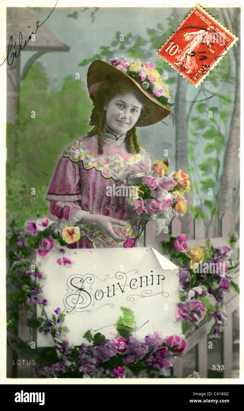 Kitsch Souvenir Postcard Souvenir Girl With Bunch Of Flowers Postcard Coloured France Circa 1900 Additional Rights Clearences Not Available Stock Photo Alamy