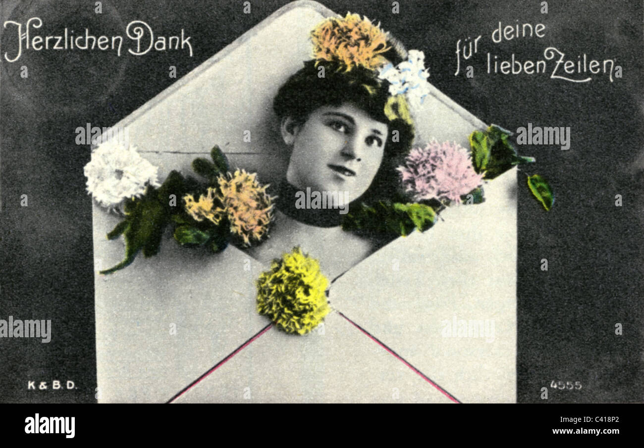 kitsch / souvenir, postcard, woman in envelope, 'Herzlichen Dank für Deine lieben Zeilen' (Thank you very much for your dear lines), postcard, circa 1900, Additional-Rights-Clearences-Not Available Stock Photo