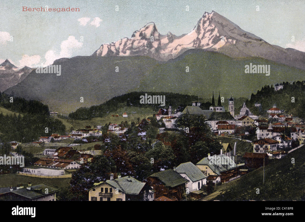 geography / travel, Germany, Berchtesgaden, view towards municipality and Watzmann (mount), postcard, circa 1900, Additional-Rights-Clearences-Not Available Stock Photo