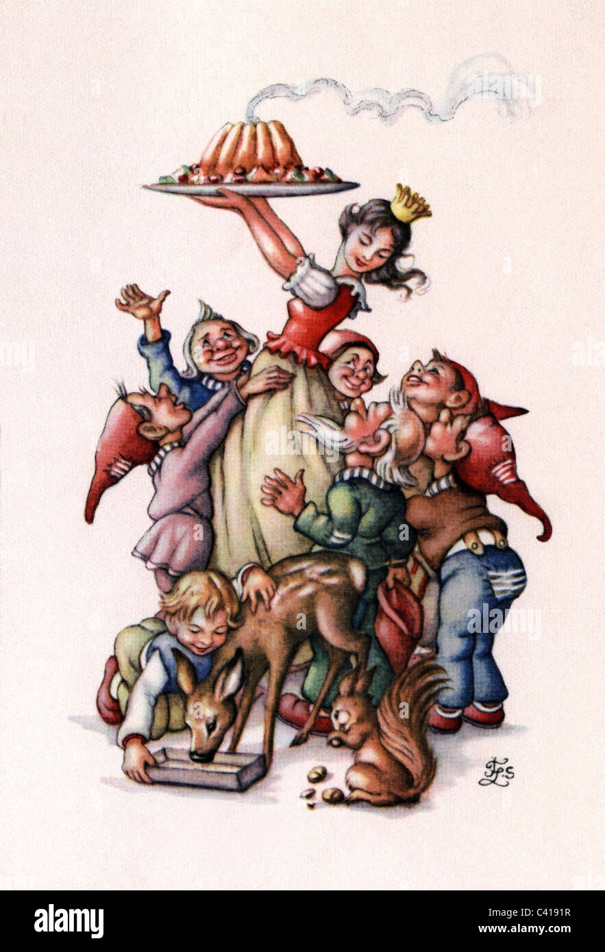 literature, fairy tale, Grimm's Fairy Tales, 'Snow White and the seven dwarfs', coloured illustration, Additional-Rights-Clearences-Not Available Stock Photo