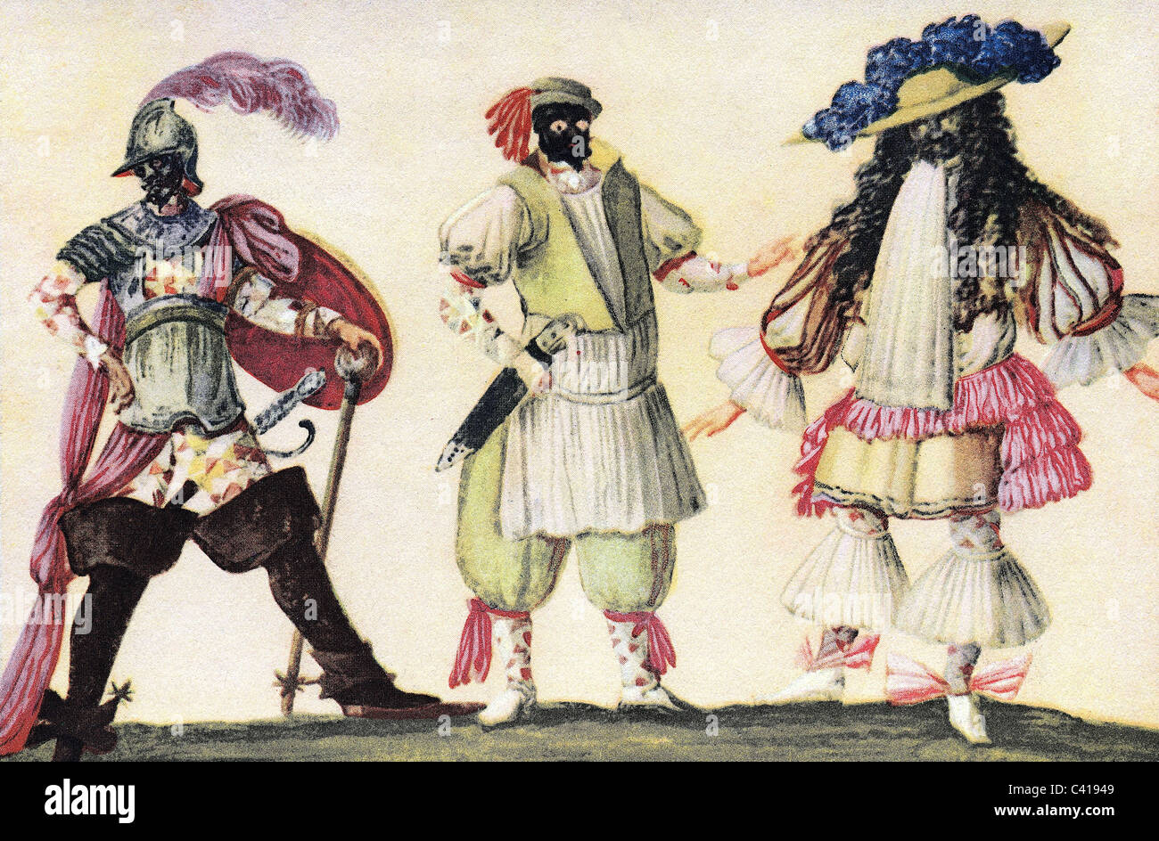 theatre / theater, actor, character of harlequin: Captitano, Brighello, Frenchman, colour printing after L.O.Burnadcini, 18th century, historic, historical, full length, stage role, role, character, theatrical role, part, persona, roles, characters, theatrical roles, parts, personae, reverse roles, read a play with assigned parts, people, Additional-Rights-Clearences-Not Available Stock Photo