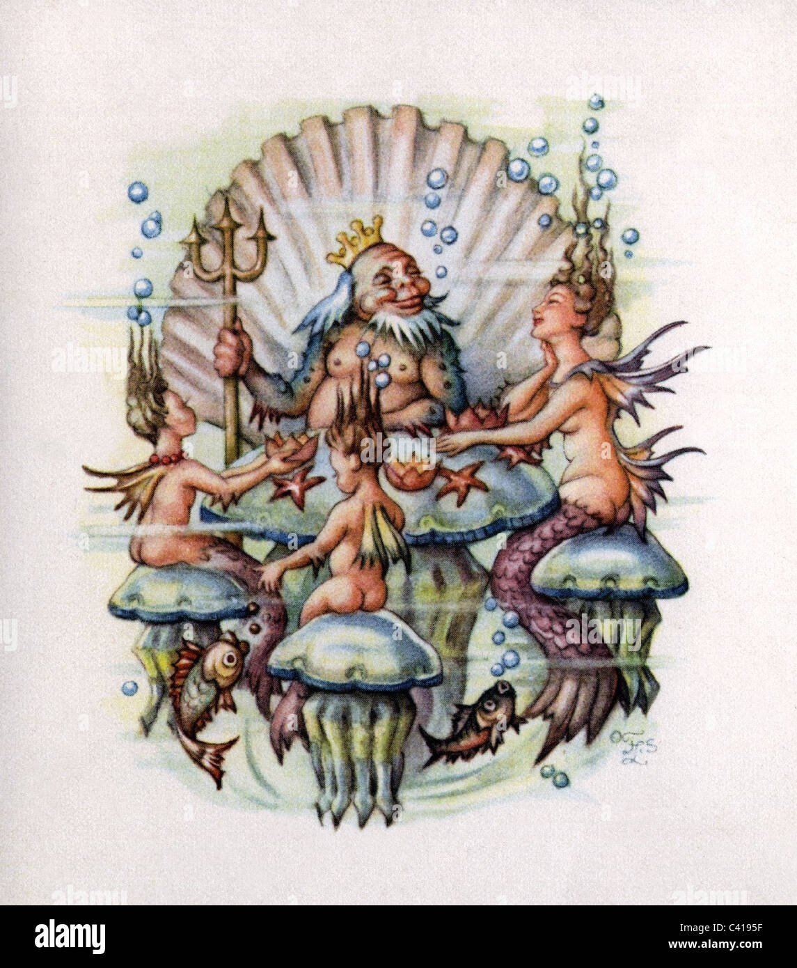 literature, fairytales, underwater creature, coloured drawing by F. L. S., historic, historical, legend, legends, mermaid, mermaids, merman, the Nix, mermen, fantasy, trident, fish, jellyfish, jellyfishes, Poseidon, Additional-Rights-Clearences-Not Available Stock Photo