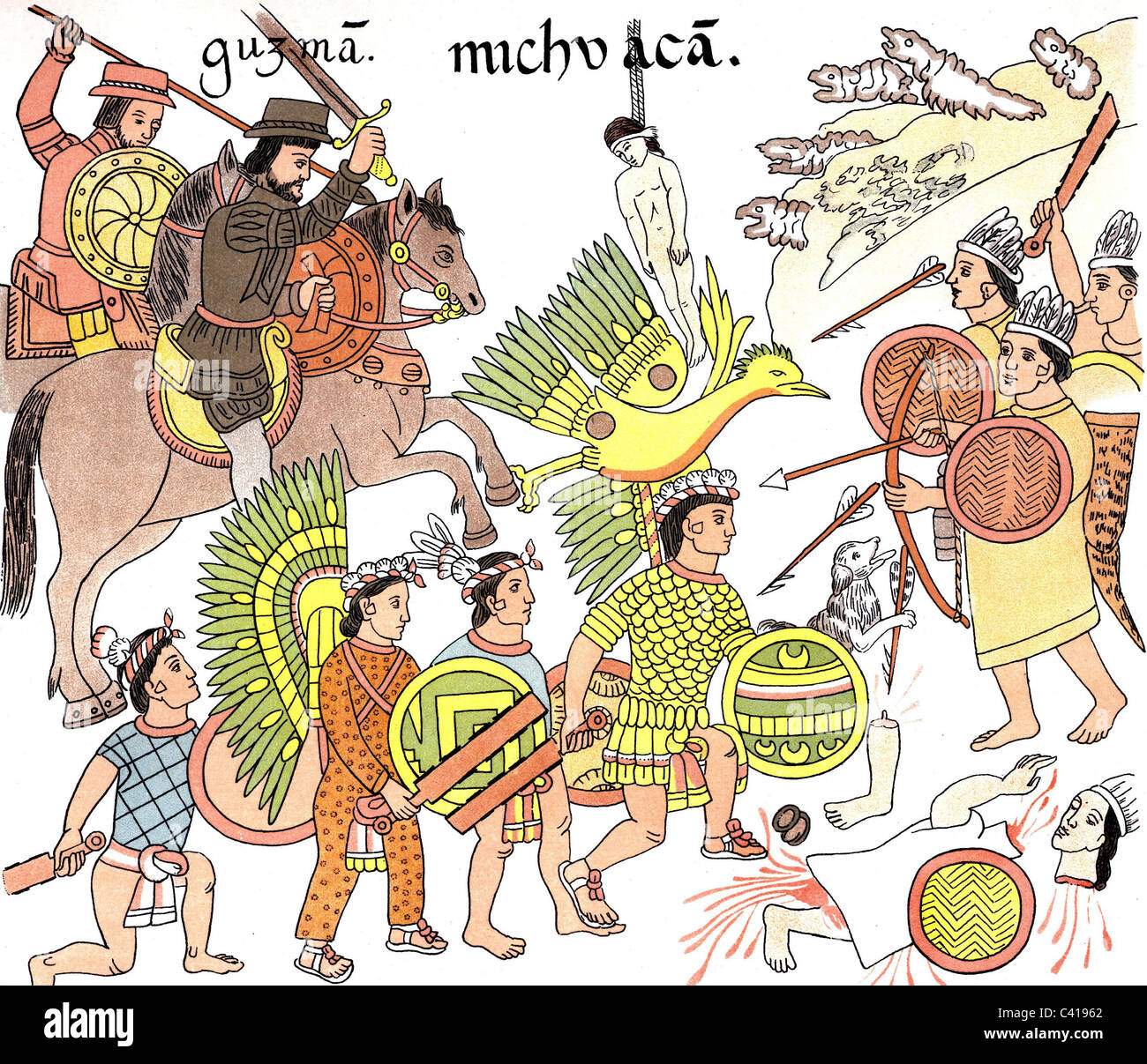 geography / travel, Mexico, Aztec Empire, Spanish conquistadors in Mexico, after Aztec drawings, Central America, , Additional-Rights-Clearences-Not Available Stock Photo