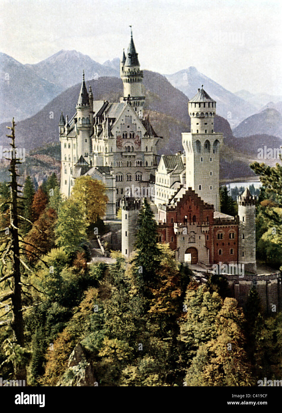 architecture, castles and palaces, Bavaria, Neuschwanstein Castle, built 1869 - 1886 by King Ludwig II, picture postcard, coloured, landscape, landscapes, mountain, mountains, wood, woods, Upper Bavaria, Wittelsbach, fairy-tale castle, Alps, high Alps, typical of this country, customary, historic, historical, landmark, landmarks, sights, sight, 19th century, Additional-Rights-Clearences-Not Available Stock Photo