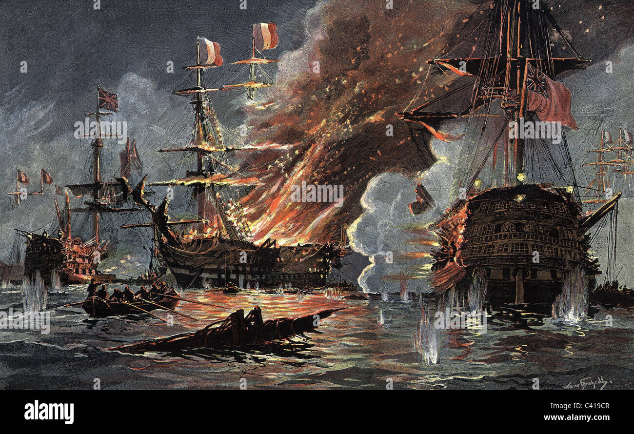 War of the Second Coalition 1798 / 1799 - 1802, Mediterranean campaign, Battle of the Nile, 1.8. / 2.8.1798, assault of a British squadron under admiral Horatio Nelson on the French Mediterranean Fleet under vice admiral Francois-Paul Brueys d'Aigalliers, the French flagship 'L'Orient' standing in flames, coloured wood engraving, later 19th century, Additional-Rights-Clearences-Not Available Stock Photo