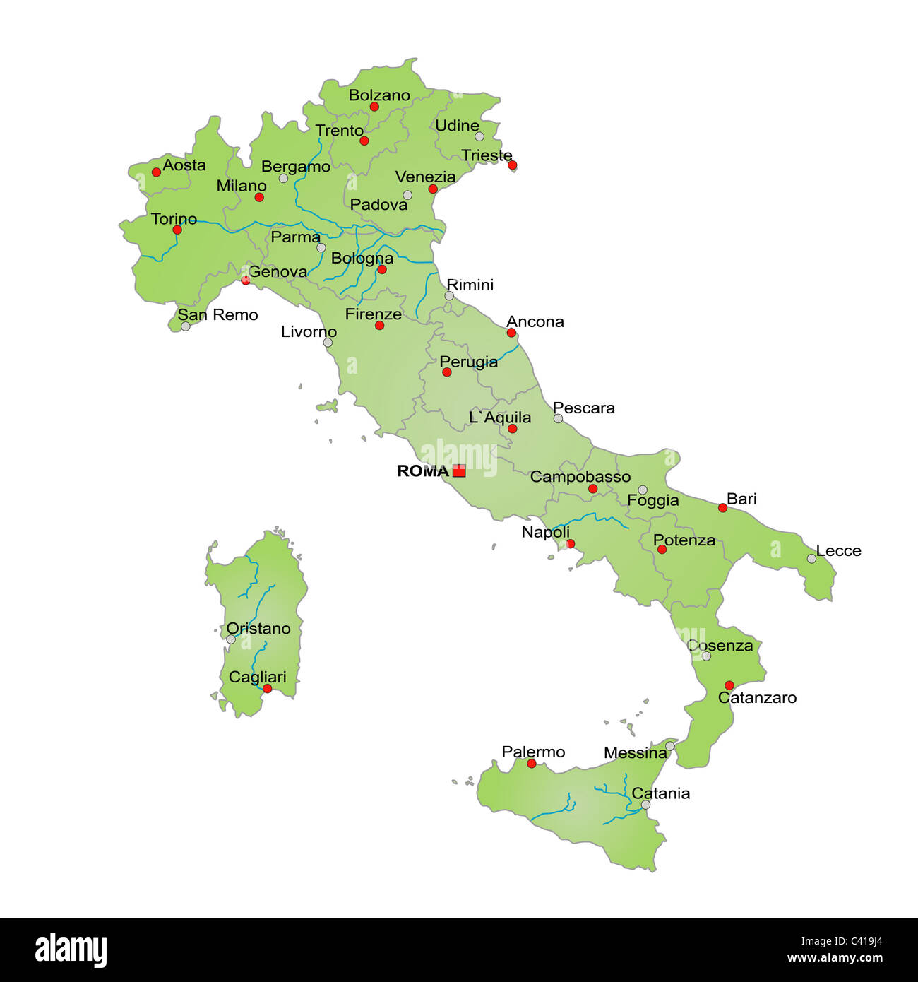 Stylized map of Italy showing various rivers, cities and all provinces. All on white background. Italian caption Stock Photo