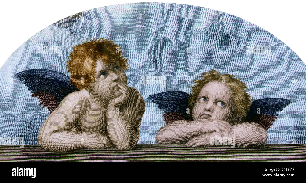 fine arts, Raphael, Santi: "The Angels of the Sistine Madonna", collotype, after a copper engraving by M. Rommel, Stuttgart, Additional-Rights-Clearences-Not Available Stock Photo