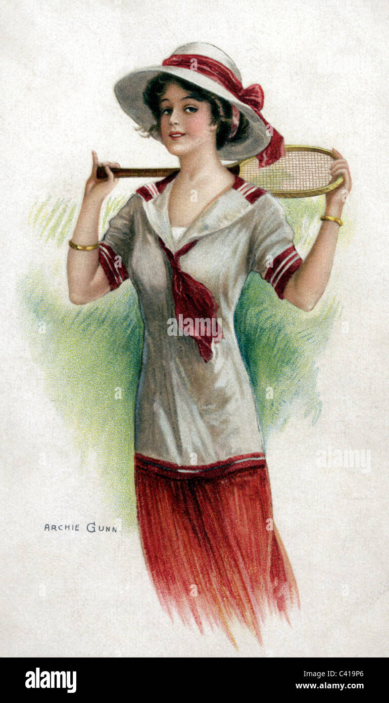 sports, tennis, woman with tennis racket, drawing by Archie Gurn, circa 1910, Additional-Rights-Clearences-Not Available Stock Photo
