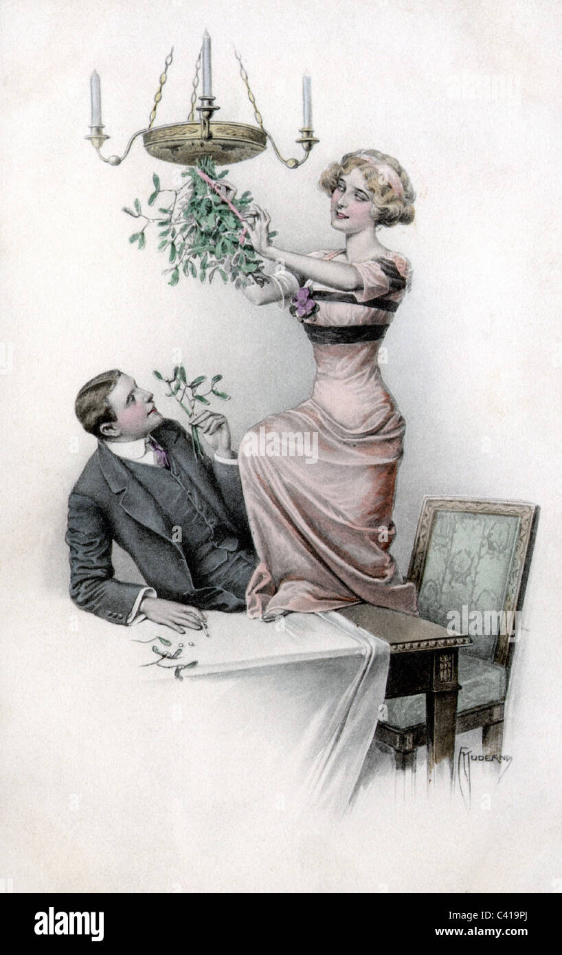 Christmas, mistletoe, young couple, woman attaching mistletoe to a lamp, illustration, circa 1900, Additional-Rights-Clearences-Not Available Stock Photo